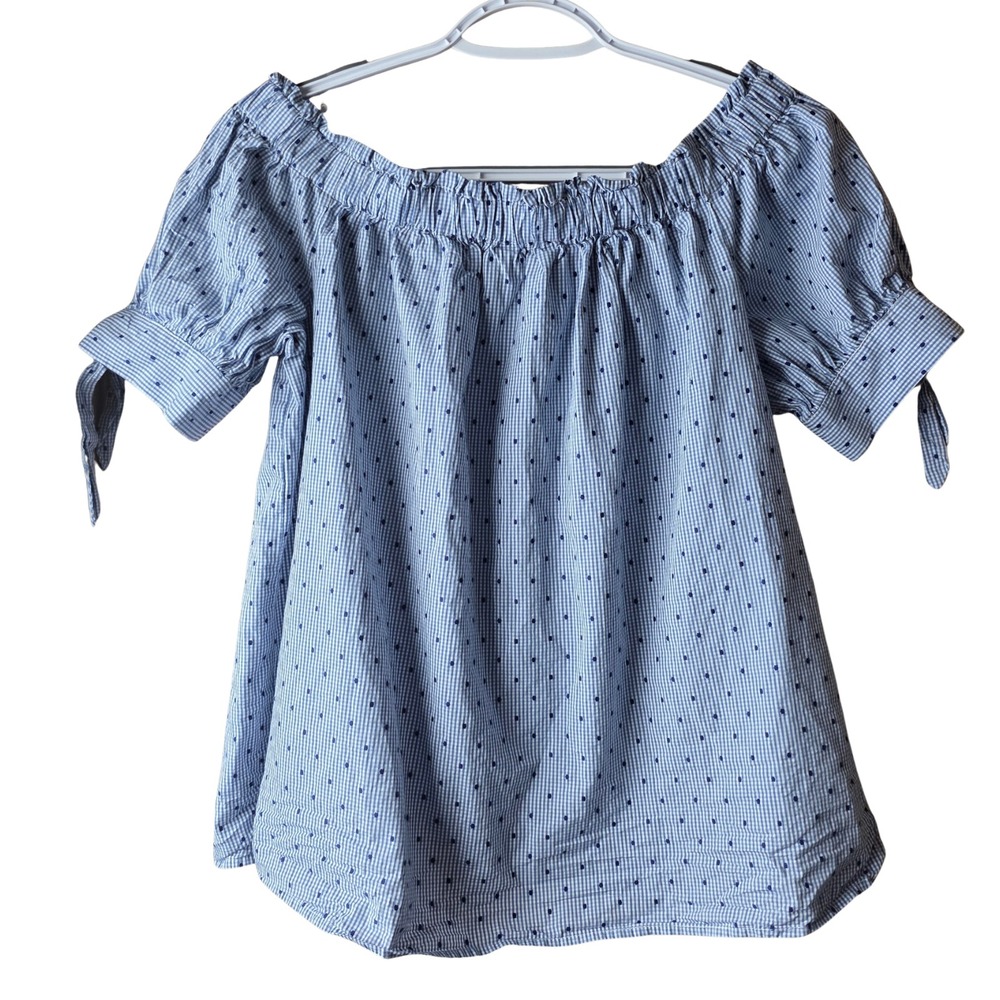 CeCe Womens Medium Off Shoulder Blue Gingham Swiss Dot Puff Sleeve Blouse